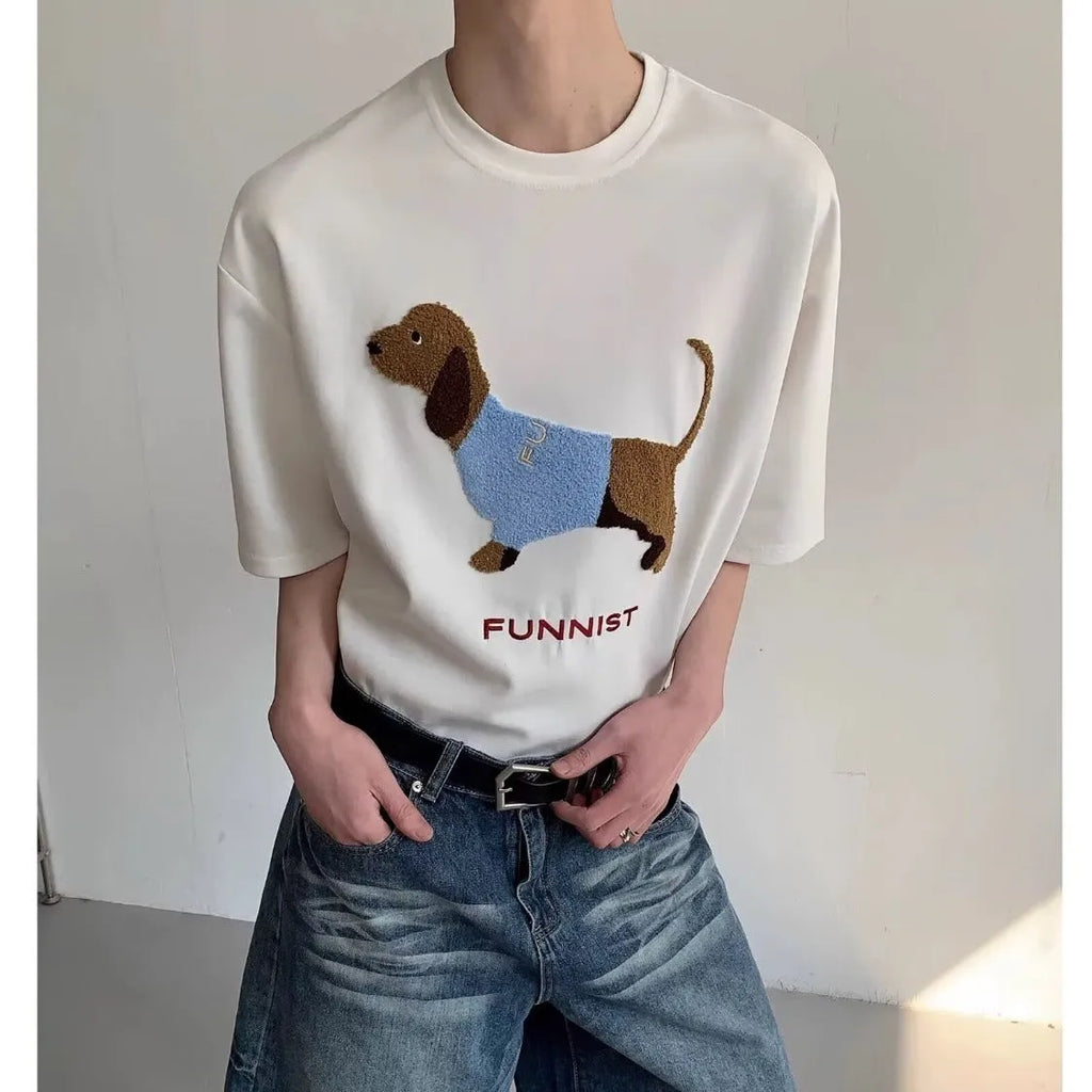 Grey men's t-shirt with an embroidered sausage dog design on the front.