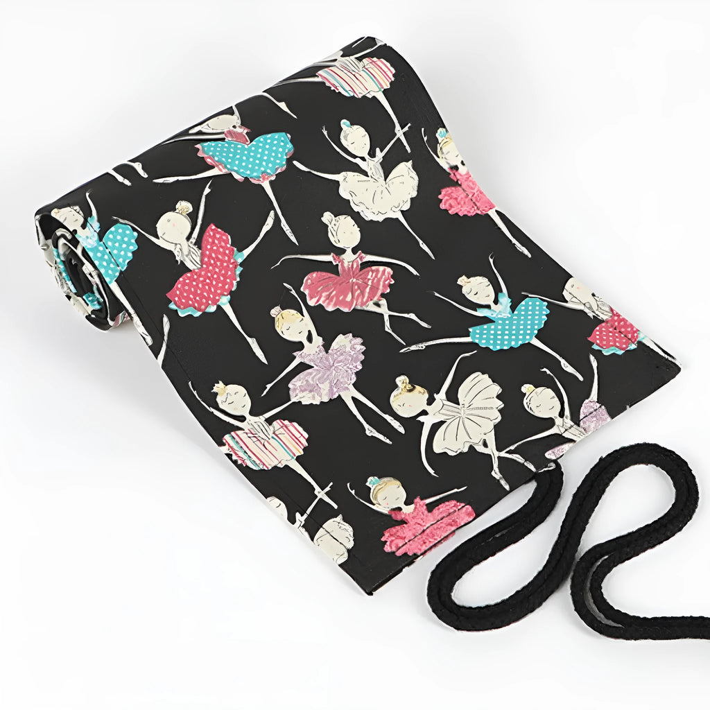 Square canvas rolling pencil case with ballet girl print, showing multiple pencil holes inside.