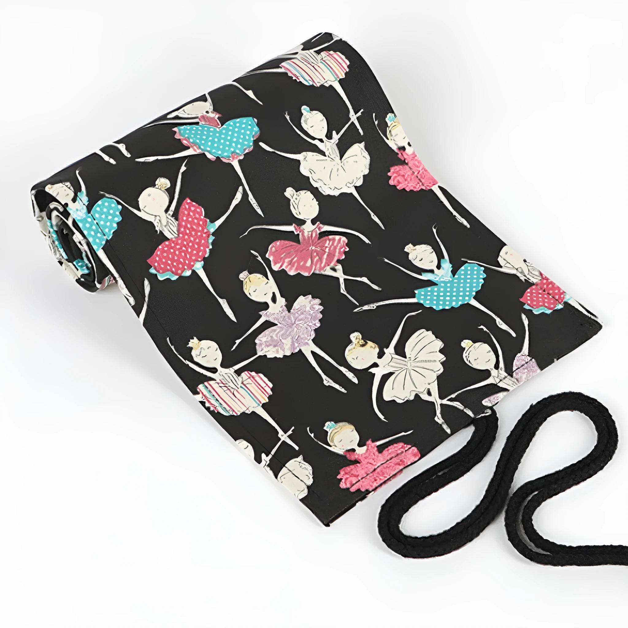 Square canvas rolling pencil case with ballet girl print, showing multiple pencil holes inside.