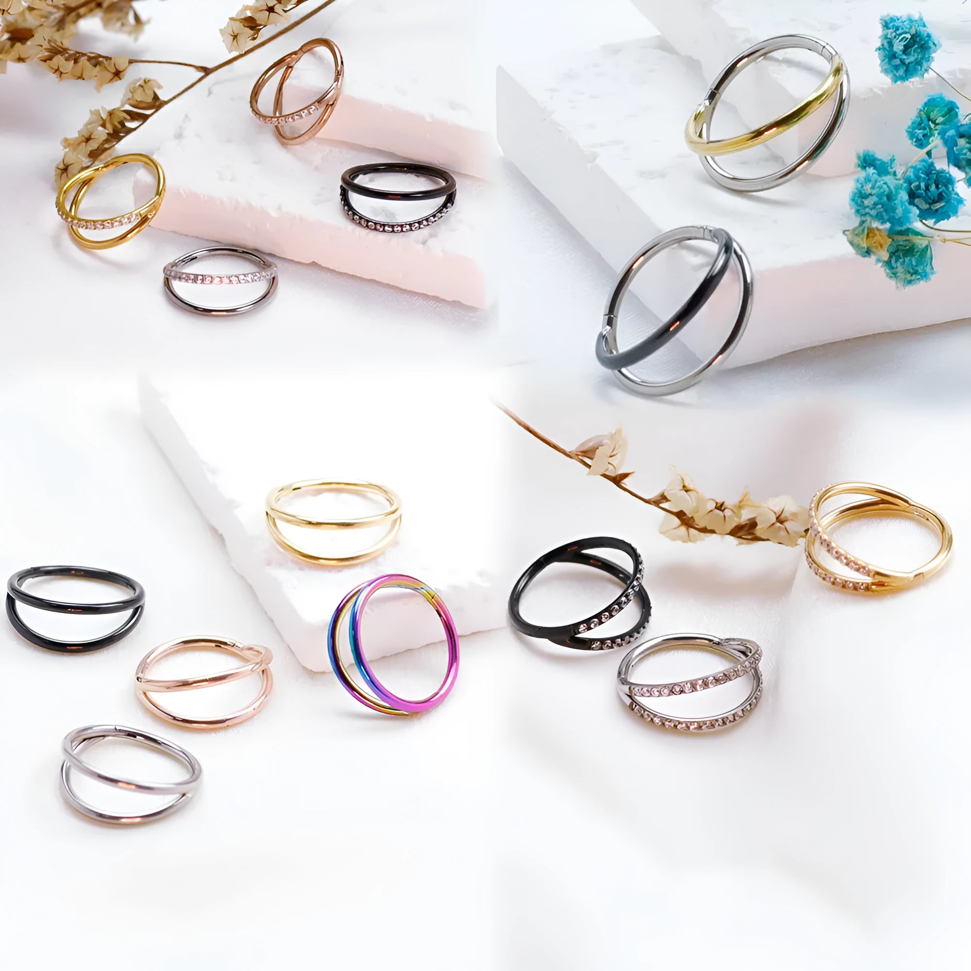 Titanium alloy fork nose ring in silver, gold, black, rose gold and colourful finishes.