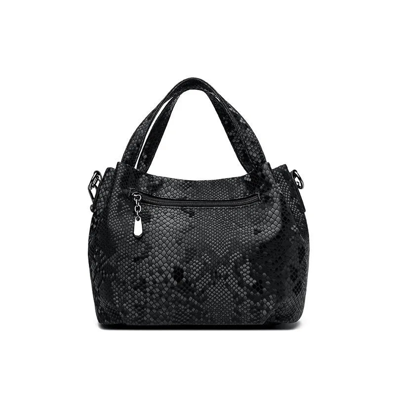 Genuine leather horizontal square shoulder bag with chain detail and snakeskin texture, multiple zippered compartments, available in various colours