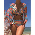 Women's three-piece bikini swimsuit set showing cross bandage top, high-waist bottoms, and split-side veil cover-up