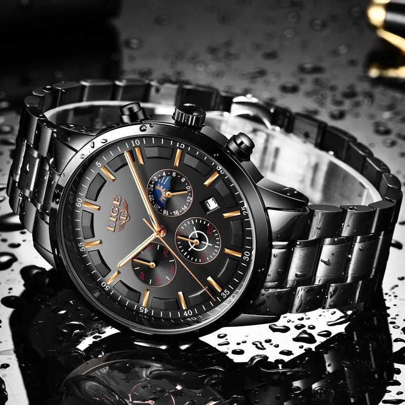 Men's black waterproof quartz sports watch with business styling on wrist