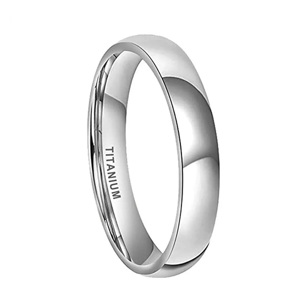 A simple silver titanium steel ring on a finger, showing the band's width and uniform ground finish.