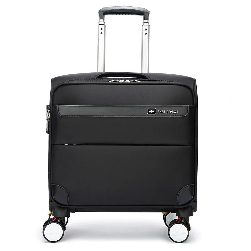 Black 18-inch Oxford cloth carry-on suitcase with a retractable handle and universal wheels.