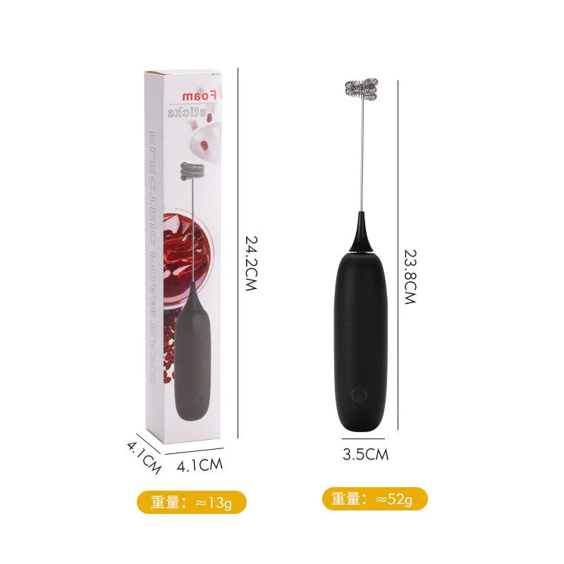 Black and white handheld electric milk frother blender with modern design