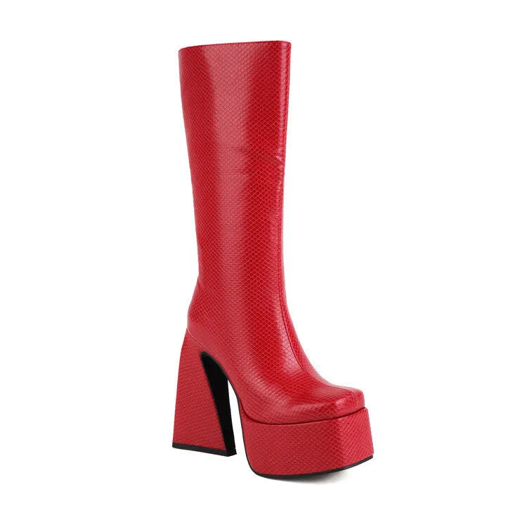 Women's casual high boots in black, red, blue, and white colours with artificial PU upper material