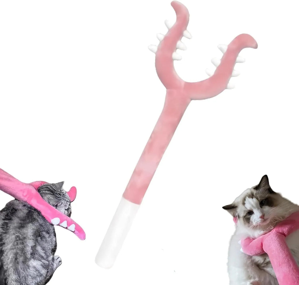 Blue plush cat wand toy with Chikawa cat head on a 70 cm long stick for interactive pet play.