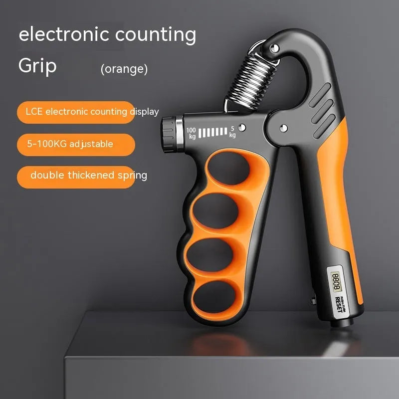 Electronic counter spring grip hand strengthener in orange with digital display