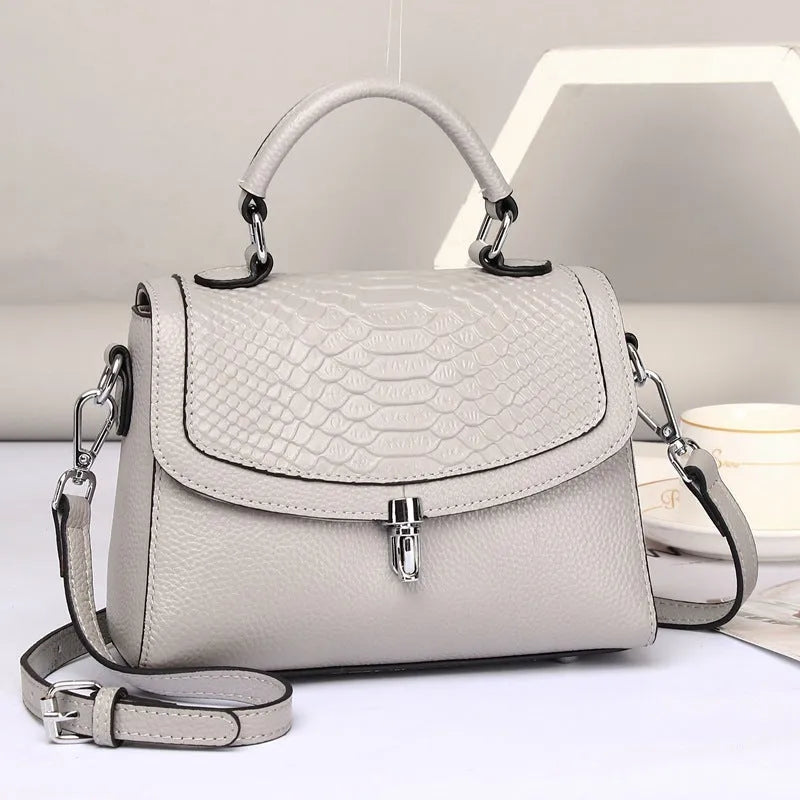 Real head layer cowhide crocodile print small square cross-shoulder bag with lock closure for women