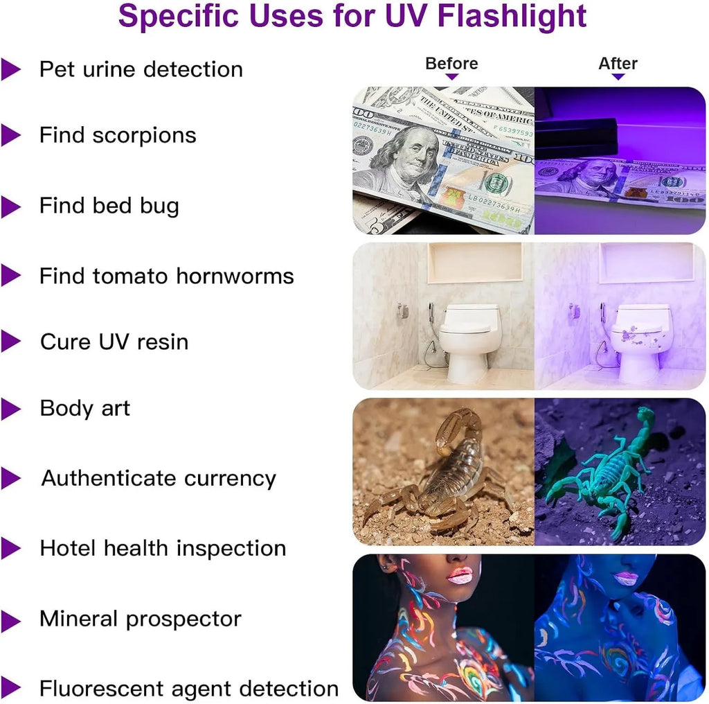 Black aluminium UV flashlight with purple LED for detecting stains and pests.