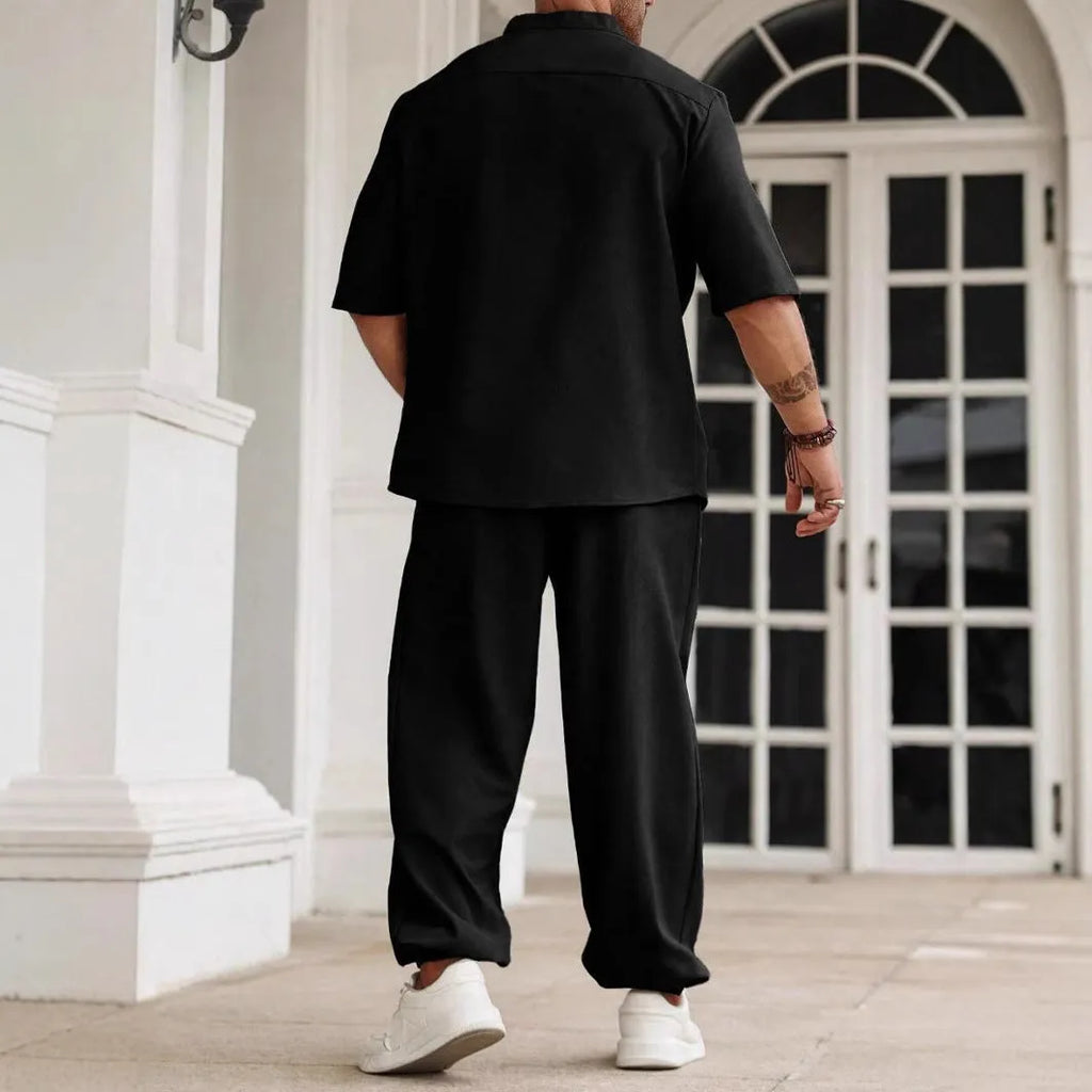 Men's casual cotton linen short-sleeved shirt and trousers set in spring colours