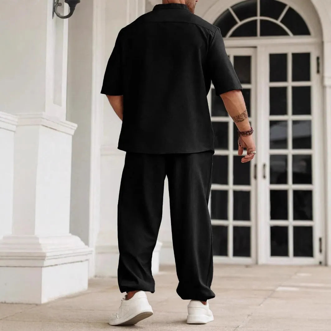 Men's casual cotton linen short-sleeved shirt and trousers set in spring colours