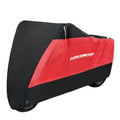 Polyester motorcycle cover with anti-theft features in black, black red or black silver colours