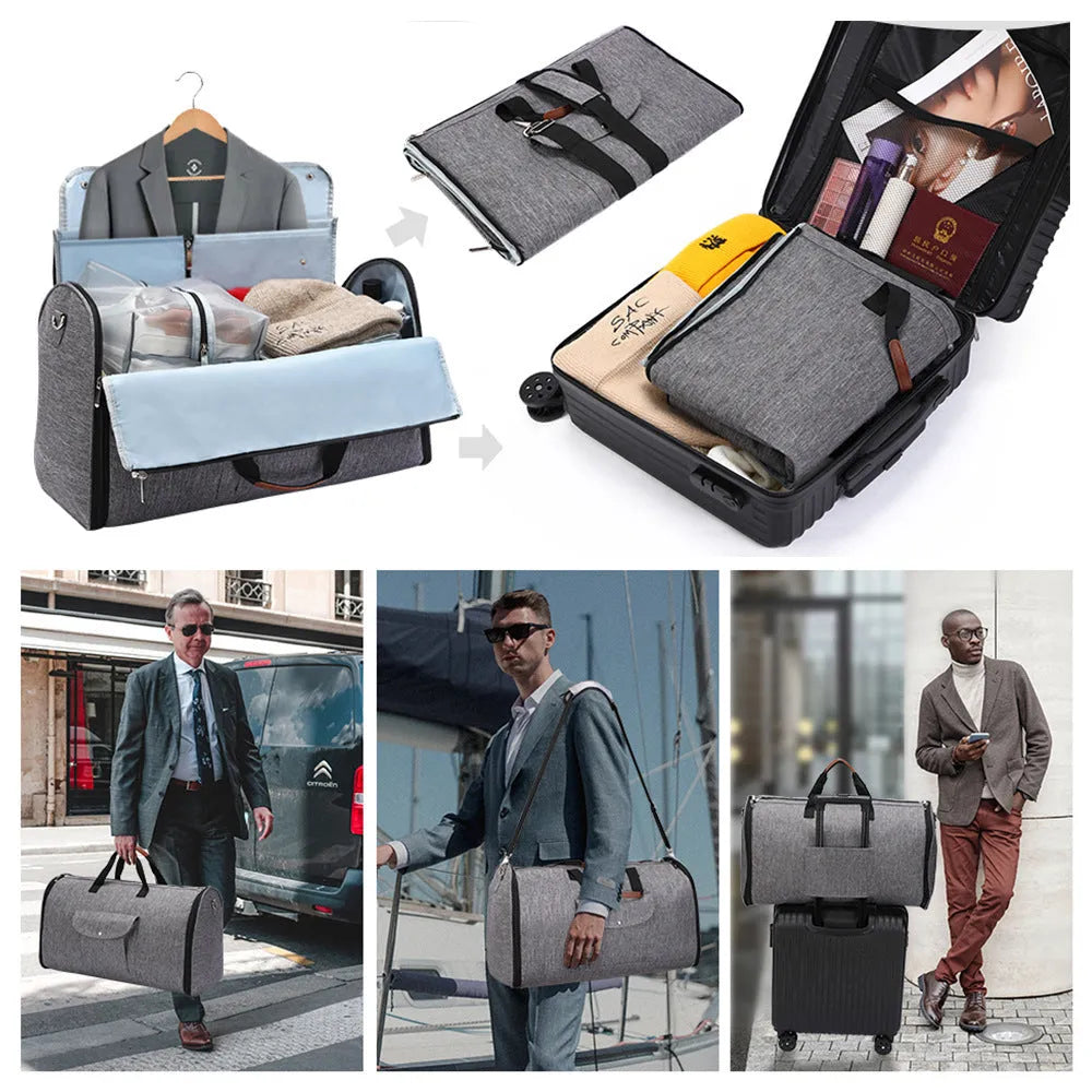Folding Oxford cloth duffel bag in dark blue, grey, and black colours with 36-55 litre capacity