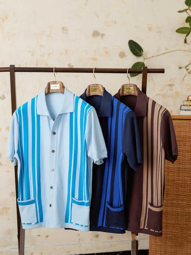 Men's striped short-sleeved cardigan polo shirt with lapel collar in cotton blend fabric