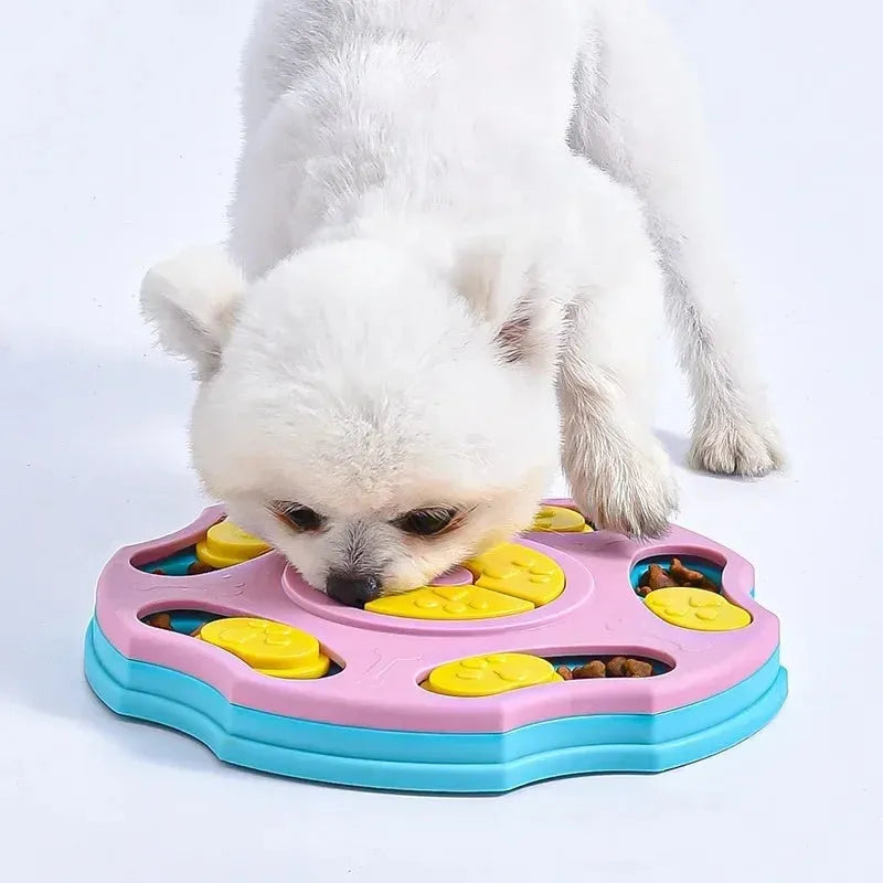 Blue dog puzzle feeder toy with sliding panels for food, measuring 24x24 cm