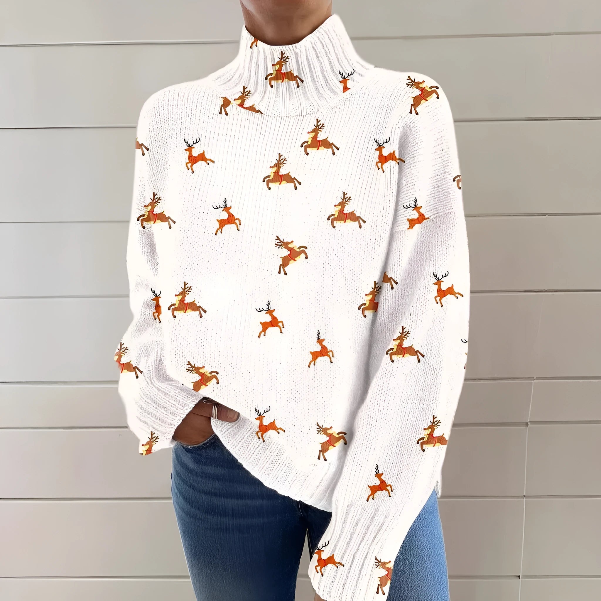 Women's loose fit Christmas printed turtleneck sweater in a macaron colour.