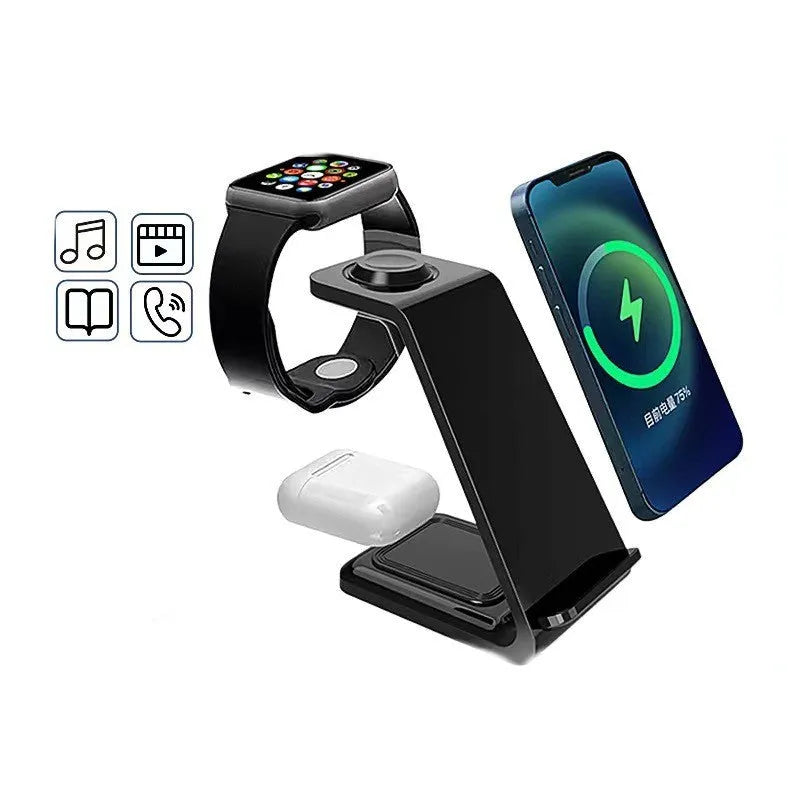 White upright wireless charging phone holder with Type-C cable on desk