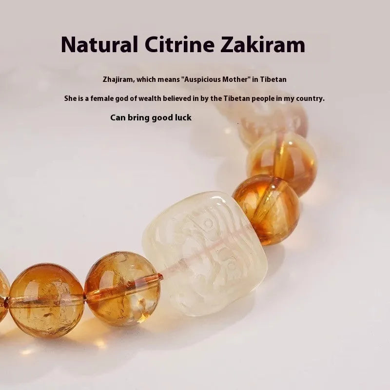 Women's carved citrine bracelet with geometric 10mm crystal beads and ethnic style detailing