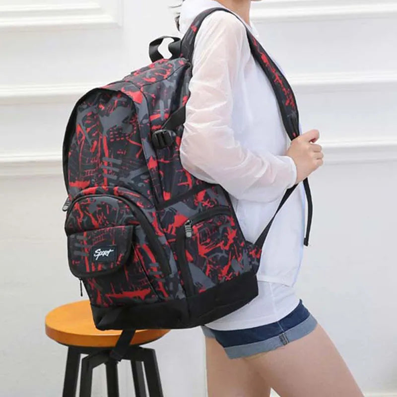 Blue and red large classic nylon backpack for students and teenagers.