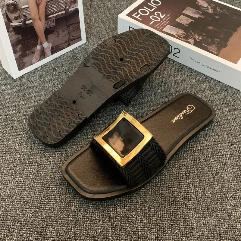 Women's apricot, black, and khaki coloured casual flat summer slippers with a waterproof PVC non-slip sole
