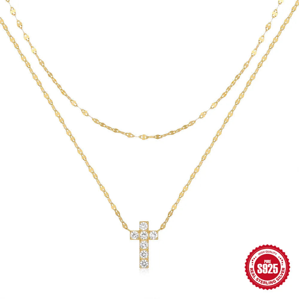 S925 sterling silver double layer twin diamond cross pendant necklace with clavicle chain in gold finish