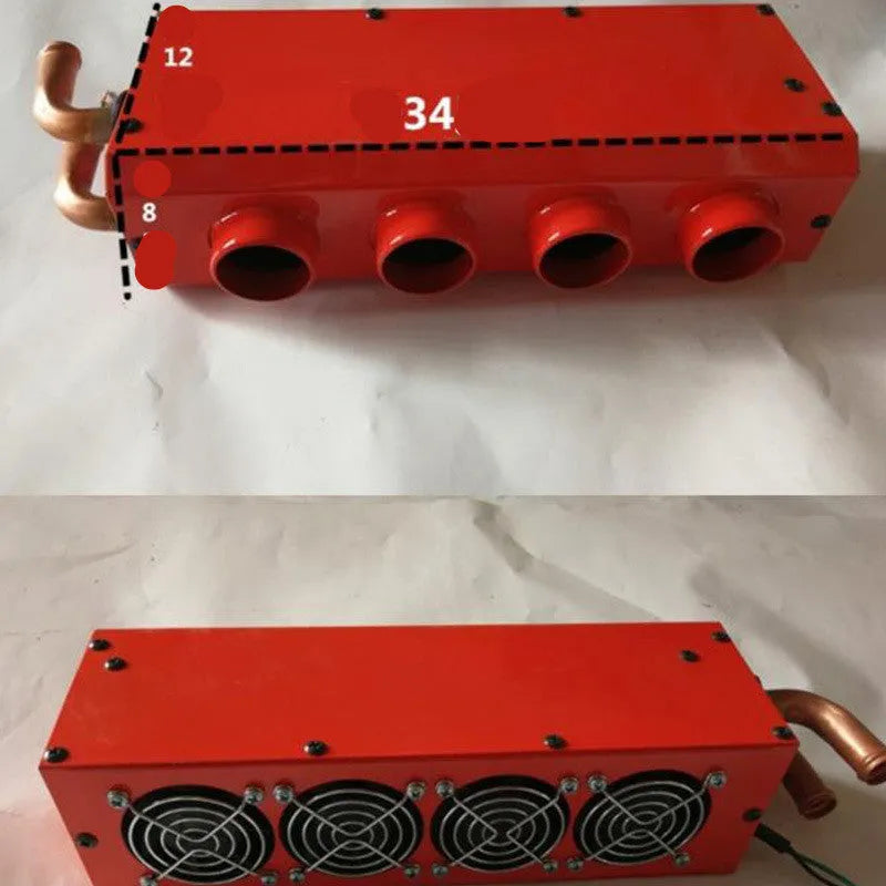 Metal car heater with four small copper pipes and two connection joints for 12V 24V vehicle heating.
