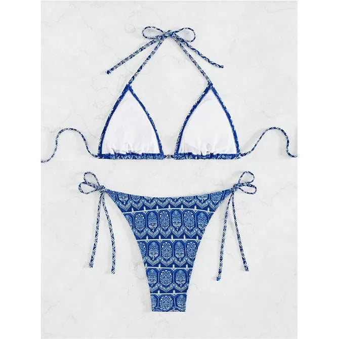 Women's bandage-style split bikini swimsuit with printing and stitching detail in multiple colours