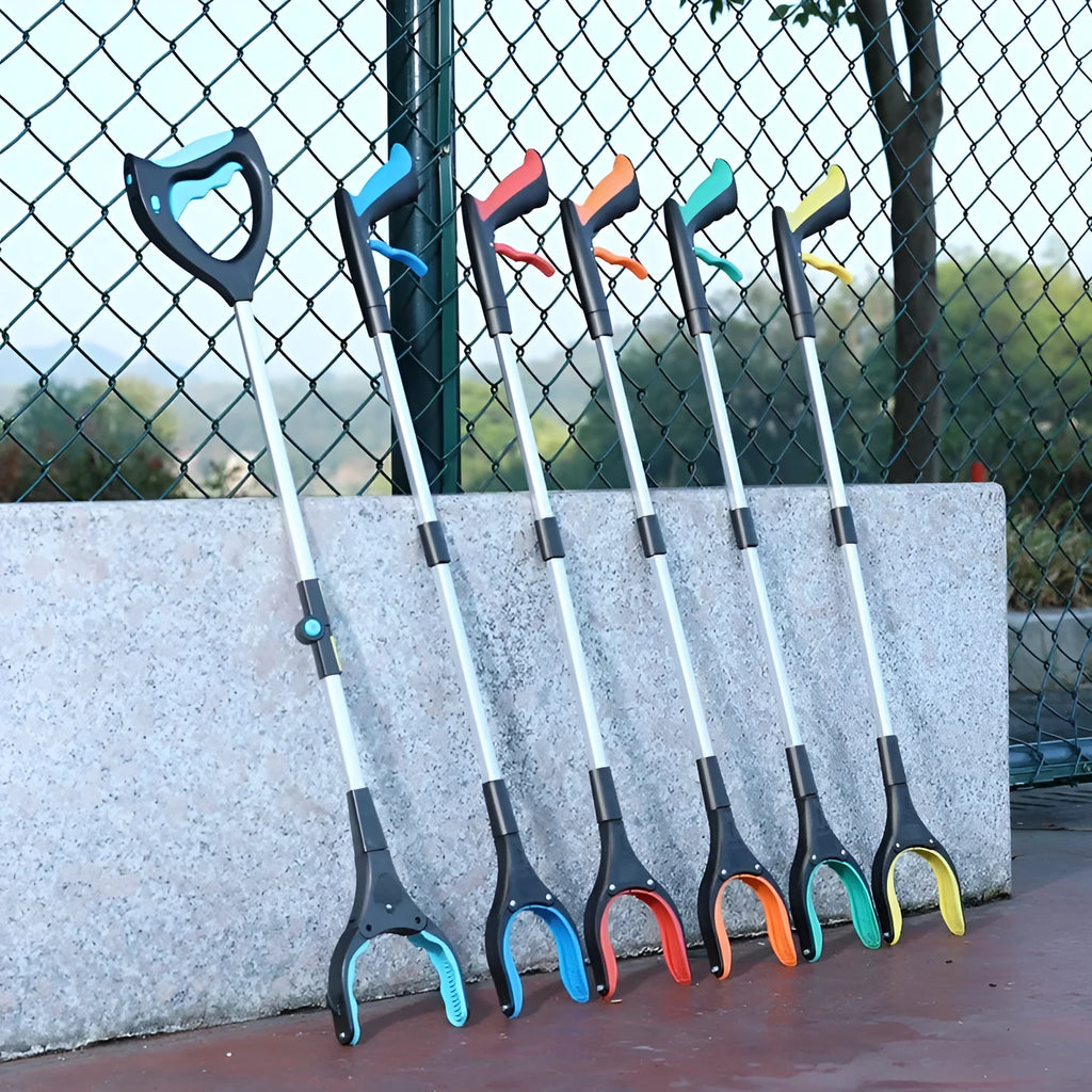 Blue plastic and aluminium alloy trash folder sewer pliers clamping a rubbish bag.