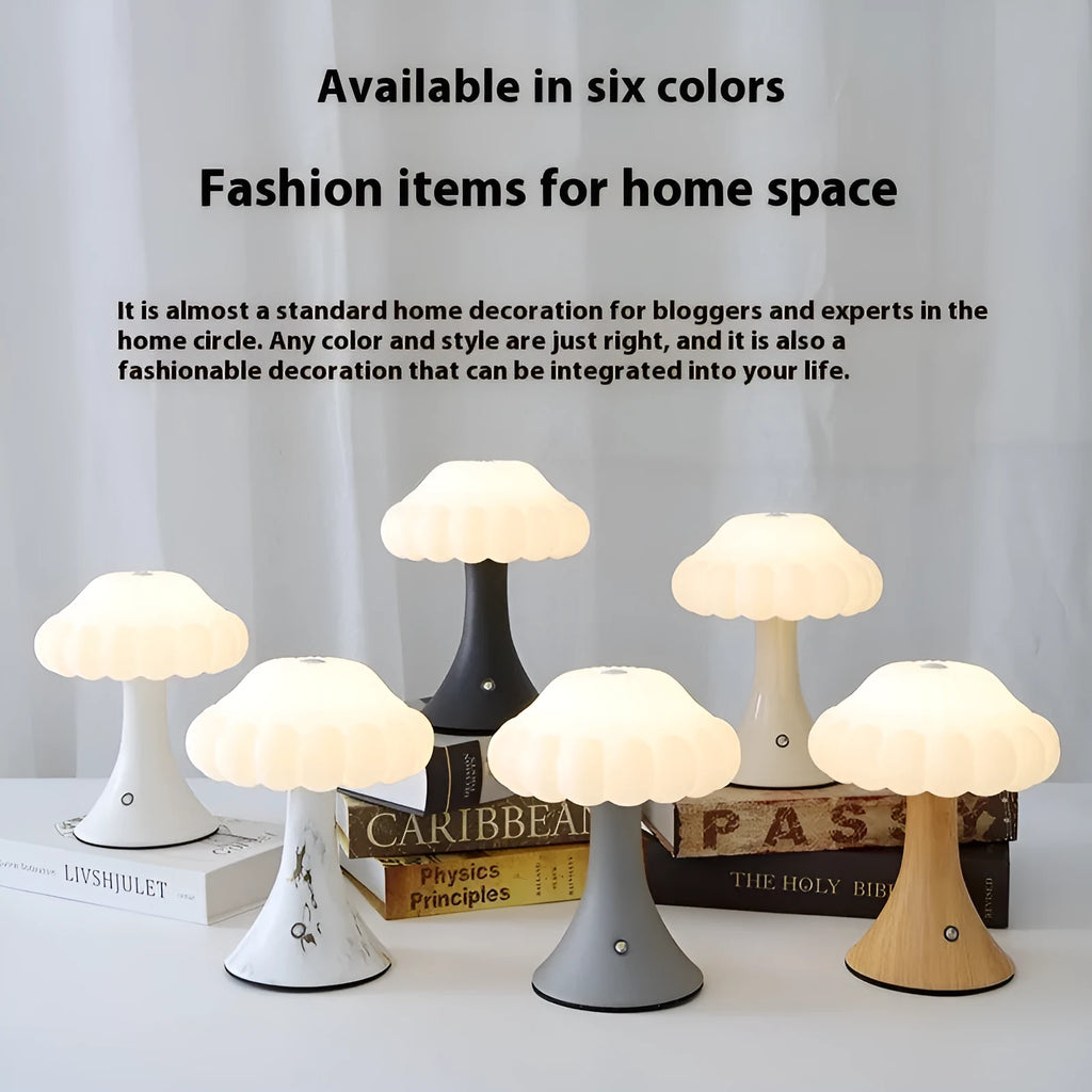 Wood grain coloured mushroom-shaped touch lamp with USB charging port on a table