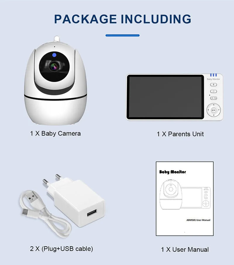 White 5-inch HD baby monitor with camera on a nursery shelf.