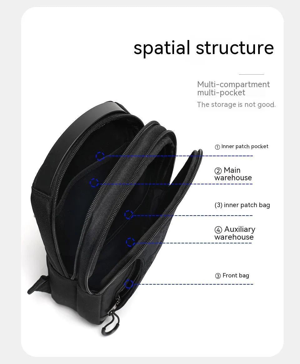 Casual black TPU chest bag with camouflage pattern, single shoulder strap, and soft handle showing square vertical shape