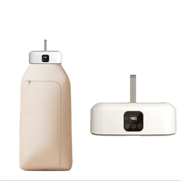 White cylindrical foldable electric clothes dryer with remote control, shown in open position