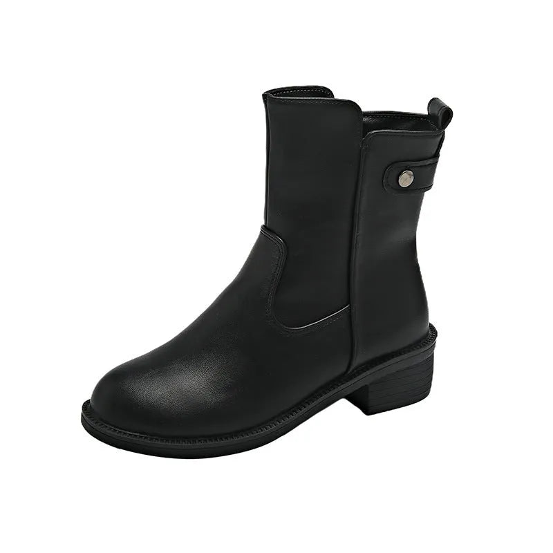 Black women's ankle boots with a side zipper, round toe, and a low rubber sole