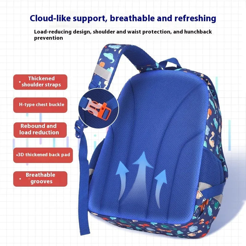 Blue dinosaur pattern children's waterproof school backpack with curved shoulder straps.