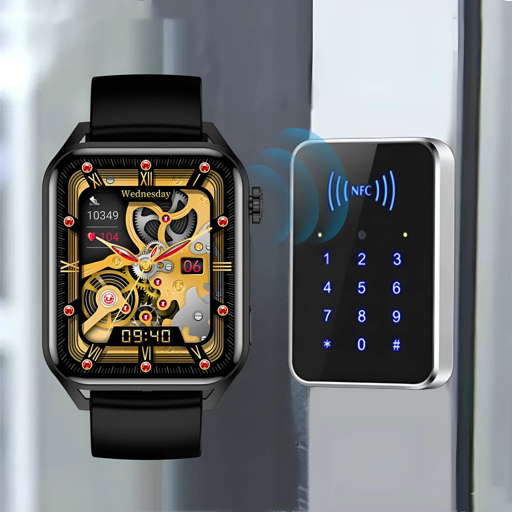 Pink HD AMOLED NFC smart watch with a silicone strap on a wrist, showing a multi-dial screen.
