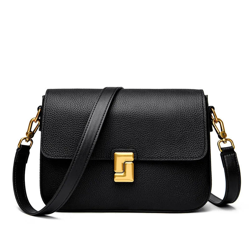Women's genuine leather messenger retro shoulder bag in black, horizontal square, 24x7x19cm, first layer cowhide