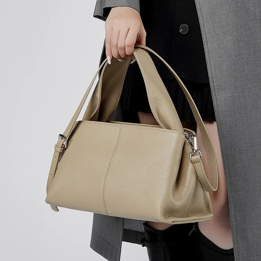 First layer cowhide messenger bag in horizontal square shape with double joint straps available in apricot black caramel and gray colours