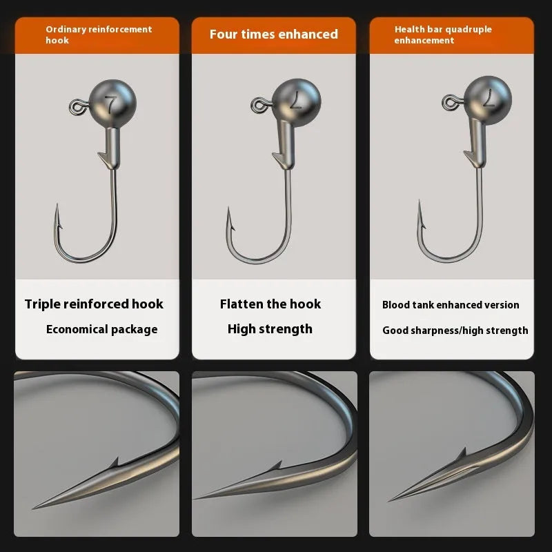 Pack of 50 primary colour, lead-headed steel jig hooks for fishing.