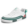 Men's beige, white, and green canvas casual shoes with mesh sections and a flat heel