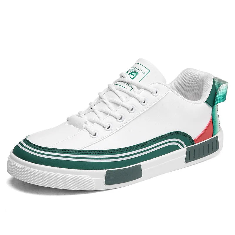 Men's beige, white, and green canvas casual shoes with mesh sections and a flat heel