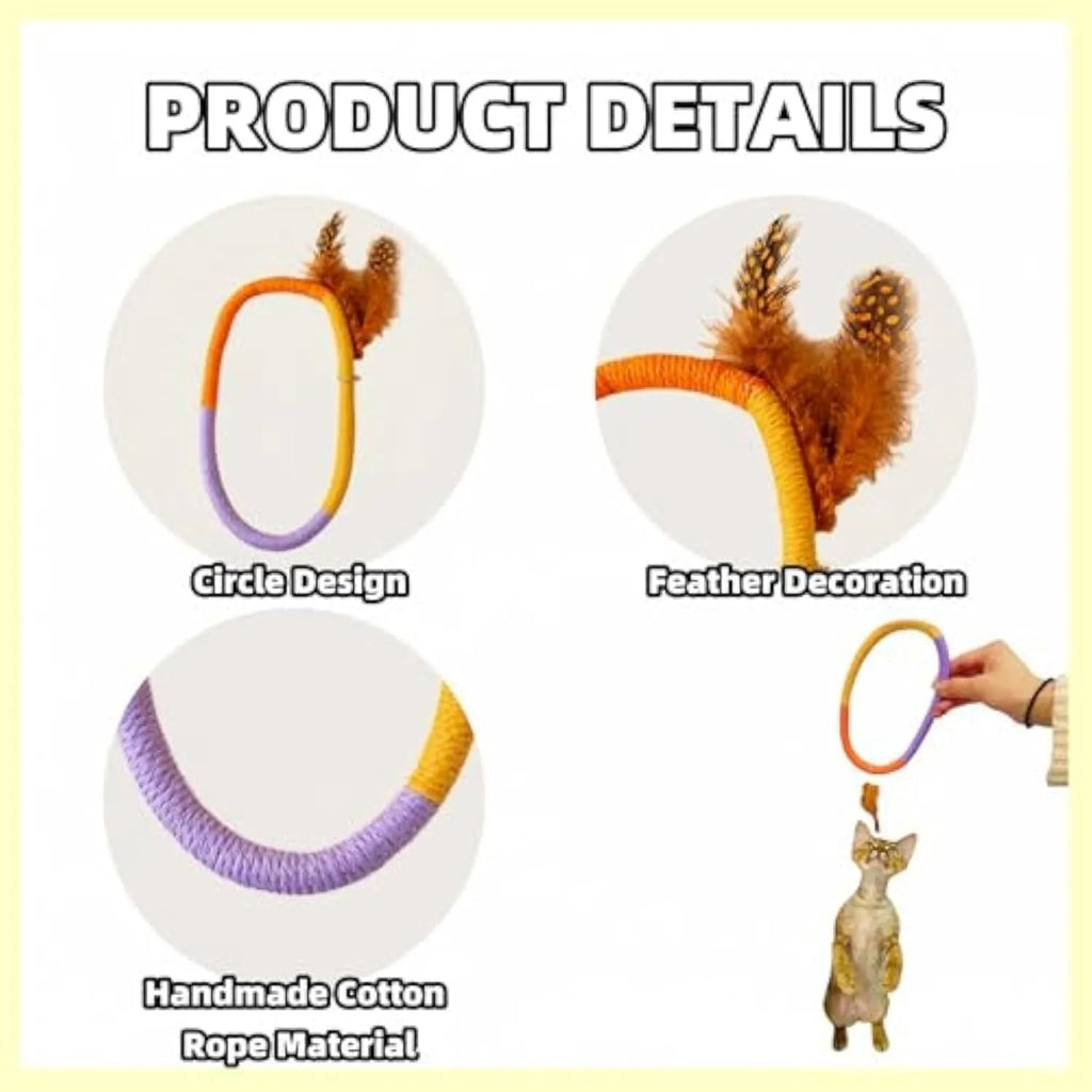 Circular cotton rope cat toy with feathers and catnip measuring 25cm in green and purple colours