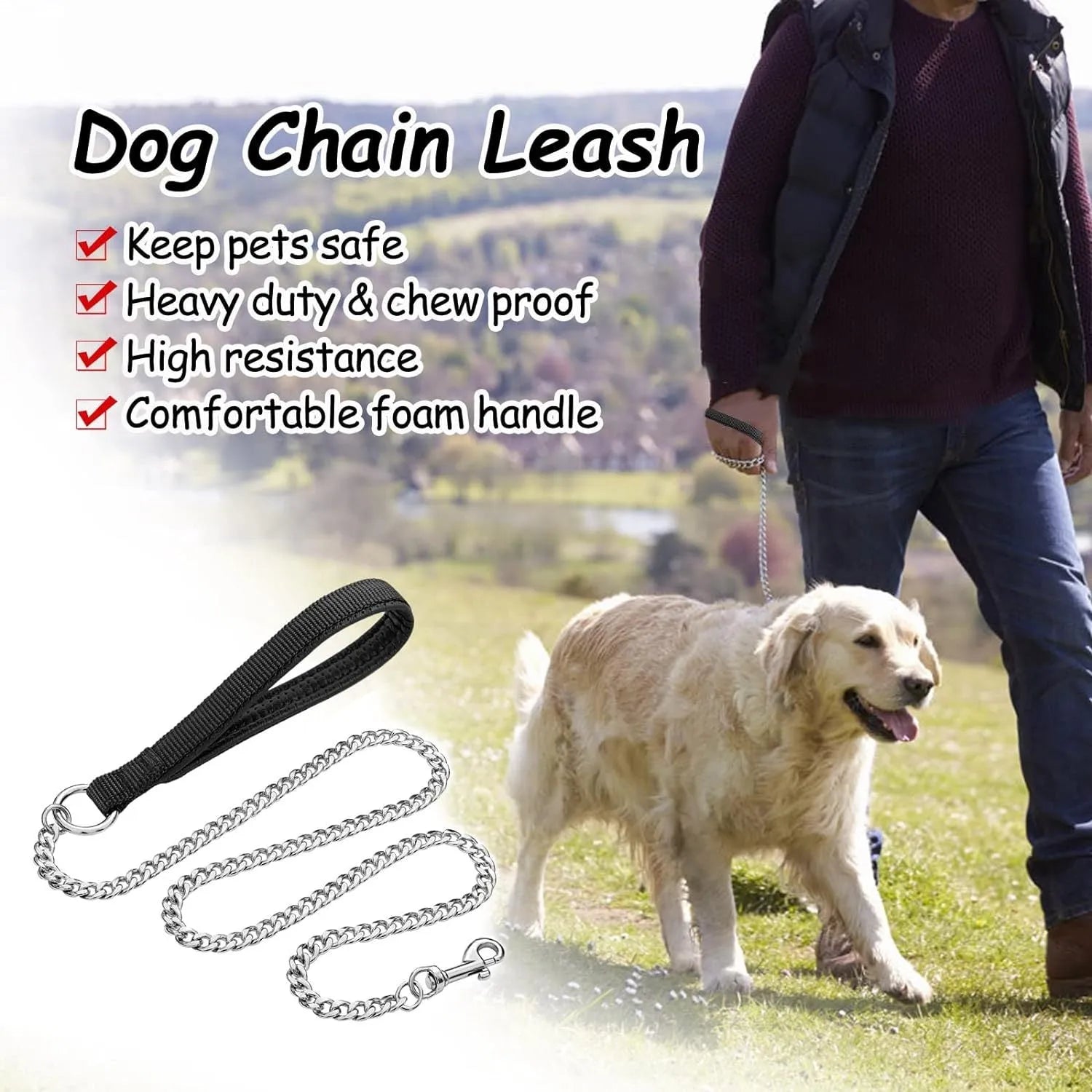 Heavy duty metal chain dog leash with a soft black padded handle, shown in red blue and black colours.