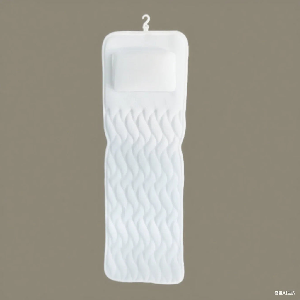 White bathtub pillow with 7 suction cups and 4D mesh design measuring 37x34x10cm