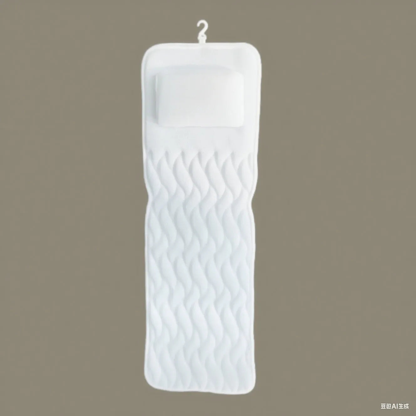 White bathtub pillow with 7 suction cups and 4D mesh design measuring 37x34x10cm