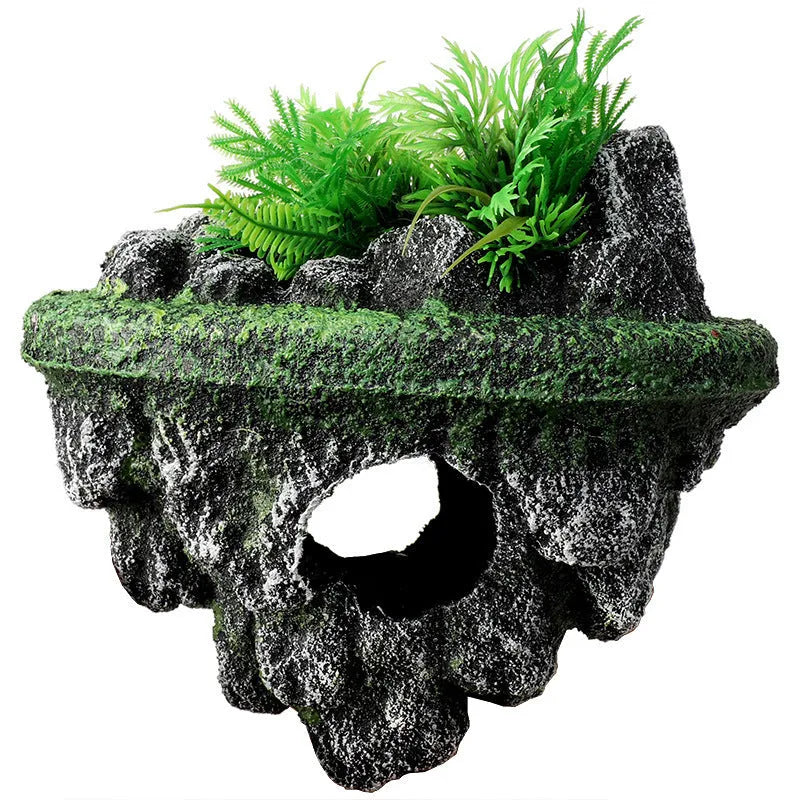 Medium resin fish tank landscaping suspended stone floating ornament with self-floating island option