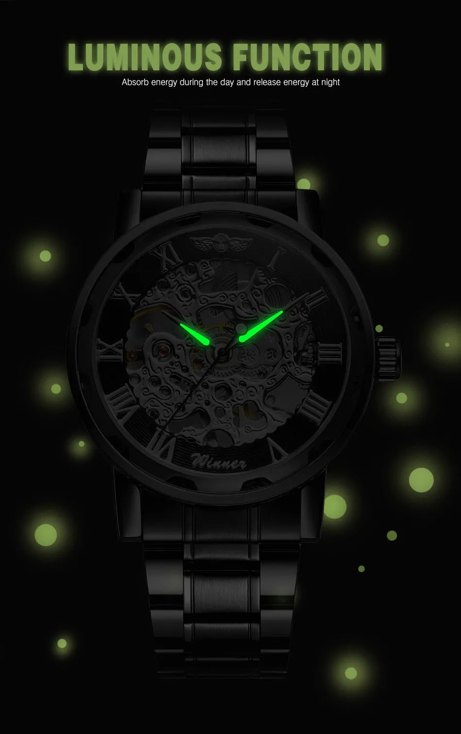 Men's retro automatic mechanical watch with black round dial, mineral glass mirror, and stainless steel butterfly clasp