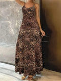Dark brown leopard print sleeveless dress with round neck and shoulder strap detail