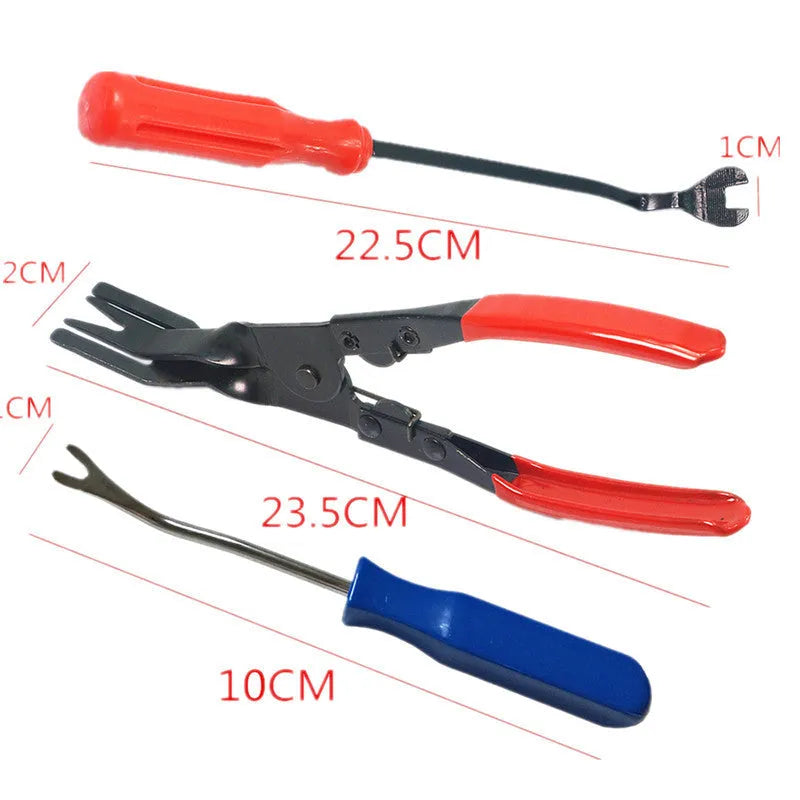 Red handled automotive door panel clip removal tool for General Motors vehicles